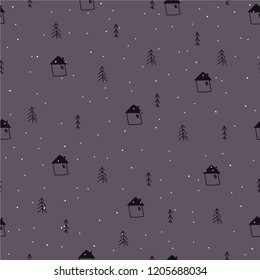 Winter seamless pattern. Trees and houses, Christmas vector background.