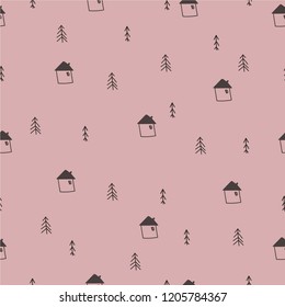 Winter seamless pattern. Trees and houses on pink background. Vector.