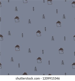 Winter seamless pattern. Trees and houses, Christmas simple vector background.