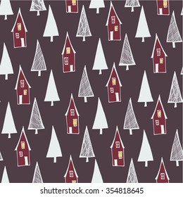  winter seamless pattern  with trees and houses