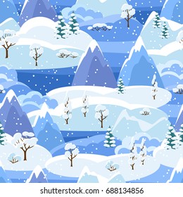 Winter seamless pattern with trees, mountains and hills. Seasonal landscape illustration.