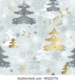 El invierno es fluido con copos de nieve variados, árboles de Navidad y estrellas de oro (vector)
