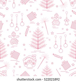 Winter seamless pattern with variety Christmas elements:  tree, balls, petard, sparkler, gingerbread man and house, bell, gifts, stars. Design for banner, flyer, poster or print.