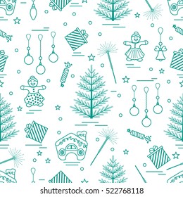 Winter seamless pattern with variety Christmas elements:  tree, balls, petard, sparkler, gingerbread man and house, bell, gifts, stars. Design for banner, flyer, poster or print.