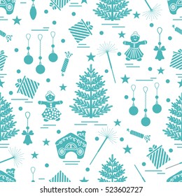 Winter seamless pattern with variety Christmas elements:  tree, balls, petard, sparkler, gingerbread man and house, bell, gifts, stars. Design for banner, flyer, poster or print.