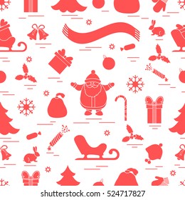 Winter seamless pattern with variety Christmas elements:  tree, balls, petard, scarf, Santa Claus, bell, gifts and other. Design for banner, flyer, poster or print.