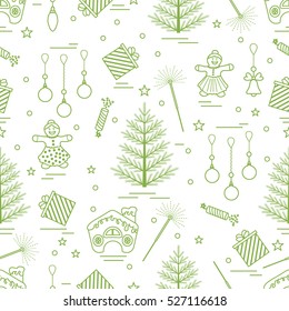Winter seamless pattern with variety Christmas elements:  tree, balls, petard, sparkler, gingerbread man and house, bell, gifts, stars. Design for banner, flyer, poster or print.