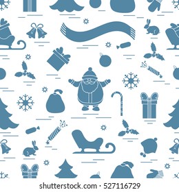 Winter seamless pattern with variety Christmas elements:  tree, balls, petard, scarf, Santa Claus, bell, gifts and other. Design for banner, flyer, poster or print.