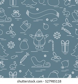 Winter seamless pattern with variety Christmas elements:  tree, balls, petard, scarf, Santa Claus, bell, gifts and other. Design for banner, flyer, poster or print.