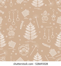 Winter seamless pattern with variety Christmas elements:  tree, balls, petard, sparkler, gingerbread man and house, bell, gifts, stars. Design for banner, flyer, poster or print.