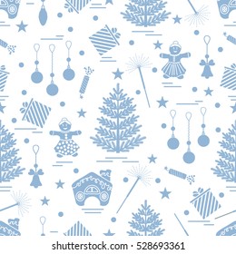 Winter seamless pattern with variety Christmas elements:  tree, balls, petard, sparkler, gingerbread man and house, bell, gifts, stars. Design for banner, flyer, poster or print.