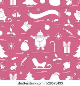 Winter seamless pattern with variety Christmas elements:  tree, balls, petard, scarf, Santa Claus, bell, gifts and other. Design for banner, flyer, poster or print.