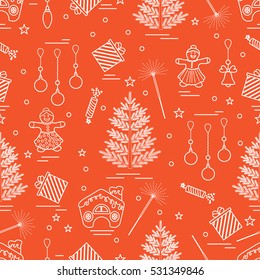 Winter seamless pattern with variety Christmas elements:  tree, balls, petard, sparkler, gingerbread man and house, bell, gifts, stars. Design for banner, flyer, poster or print.