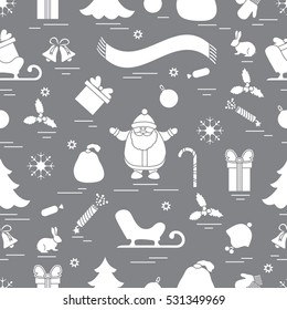 Winter seamless pattern with variety Christmas elements:  tree, balls, petard, scarf, Santa Claus, bell, gifts and other. Design for banner, flyer, poster or print.
