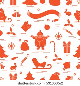 Winter seamless pattern with variety Christmas elements:  tree, balls, petard, scarf, Santa Claus, bell, gifts and other. Design for banner, flyer, poster or print.