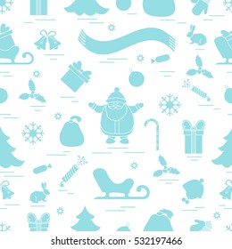 Winter seamless pattern with variety Christmas elements:  tree, balls, petard, scarf, Santa Claus, bell, gifts and other. Design for banner, flyer, poster or print.