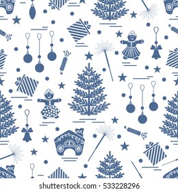 Winter seamless pattern with variety Christmas elements:  tree, balls, petard, sparkler, gingerbread man and house, bell, gifts, stars. Design for banner, flyer, poster or print.