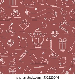 Winter seamless pattern with variety Christmas elements:  tree, balls, petard, scarf, Santa Claus, bell, gifts and other. Design for banner, flyer, poster or print.