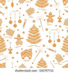 Winter seamless pattern with variety Christmas elements:  tree, balls, petard, sparkler, gingerbread man and house, bell, gifts, stars. Design for banner, flyer, poster or print.