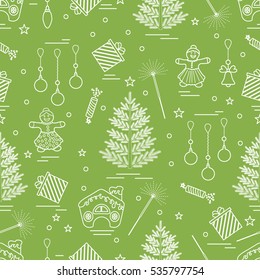 Winter seamless pattern with variety Christmas elements:  tree, balls, petard, sparkler, gingerbread man and house, bell, gifts, stars. Design for banner, flyer, poster or print.