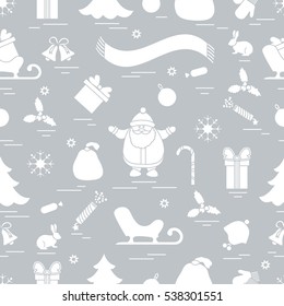 Winter seamless pattern with variety Christmas elements:  tree, balls, petard, scarf, Santa Claus, bell, gifts and other. Design for banner, flyer, poster or print.
