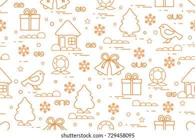 Winter seamless pattern with variety Christmas elements: christmas tree, gift, christmas wreath, bells and other. Design for banner, poster or print.