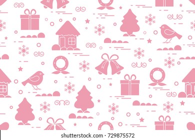Winter seamless pattern with variety Christmas elements: christmas tree, gift, christmas wreath, bells and other. Design for banner, poster or print.