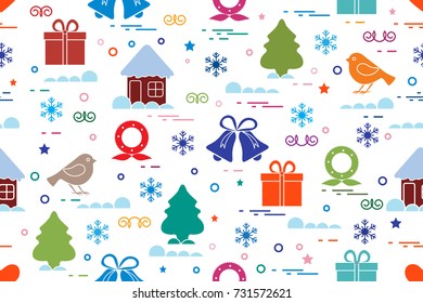 Winter seamless pattern with variety Christmas elements: christmas tree, gift, christmas wreath, bells and other. Design for banner, poster or print.