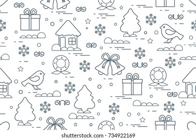 Winter seamless pattern with variety Christmas elements: christmas tree, gift, christmas wreath, bells and other. Design for banner, poster or print.