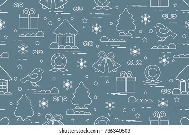 Winter seamless pattern with variety Christmas elements: christmas tree, gift, christmas wreath, bells and other. Design for banner, poster or print.