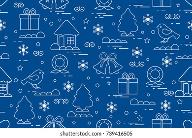 Winter seamless pattern with variety Christmas elements: christmas tree, gift, christmas wreath, bells and other. Design for banner, poster or print.