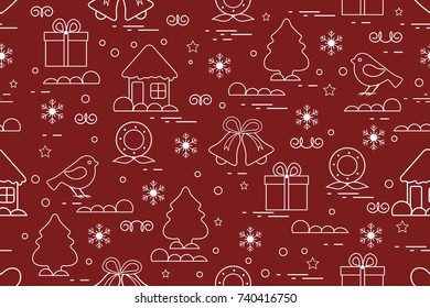 Winter seamless pattern with variety Christmas elements: christmas tree, gift, christmas wreath, bells and other. Design for banner, poster or print.