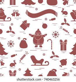 Winter seamless pattern with variety Christmas elements:  tree, balls, petard, scarf, Santa Claus, bell, gifts and other. Design for banner, flyer, poster or print.