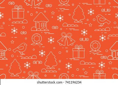 Winter seamless pattern with variety Christmas elements: christmas tree, gift, christmas wreath, bells and other. Design for banner, poster or print.