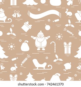 Winter seamless pattern with variety Christmas elements:  tree, balls, petard, scarf, Santa Claus, bell, gifts and other. Design for banner, flyer, poster or print.