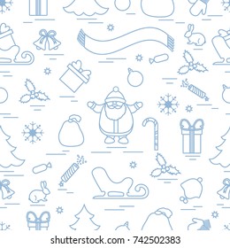 Winter seamless pattern with variety Christmas elements:  tree, balls, petard, scarf, Santa Claus, bell, gifts and other. Design for banner, flyer, poster or print. 