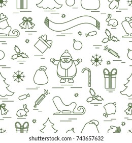 Winter seamless pattern with variety Christmas elements:  tree, balls, petard, scarf, Santa Claus, bell, gifts and other. Design for banner, flyer, poster or print. 