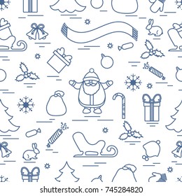 Winter seamless pattern with variety Christmas elements:  tree, balls, petard, scarf, Santa Claus, bell, gifts and other. Design for banner, flyer, poster or print. 