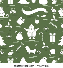 Winter seamless pattern with variety Christmas elements:  tree, balls, petard, scarf, Santa Claus, bell, gifts and other. Design for banner, flyer, poster or print.