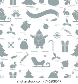 Winter seamless pattern with variety Christmas elements:  tree, balls, petard, scarf, Santa Claus, bell, gifts and other. Design for banner, flyer, poster or print.