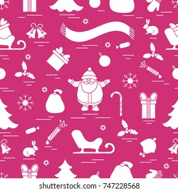 Winter seamless pattern with variety Christmas elements:  tree, balls, petard, scarf, Santa Claus, bell, gifts and other. Design for banner, flyer, poster or print.