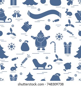 Winter seamless pattern with variety Christmas elements:  tree, balls, petard, scarf, Santa Claus, bell, gifts and other. Design for banner, flyer, poster or print.