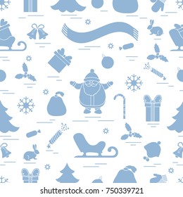 Winter seamless pattern with variety Christmas elements:  tree, balls, petard, scarf, Santa Claus, bell, gifts and other. Design for banner, flyer, poster or print.