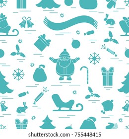 Winter seamless pattern with variety Christmas elements:  tree, balls, petard, scarf, Santa Claus, bell, gifts and other. Design for banner, flyer, poster or print.