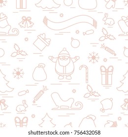 Winter seamless pattern with variety Christmas elements:  tree, balls, petard, scarf, Santa Claus, bell, gifts and other. Design for banner, flyer, poster or print. 
