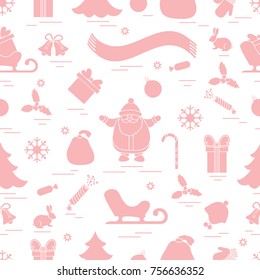 Winter seamless pattern with variety Christmas elements:  tree, balls, petard, scarf, Santa Claus, bell, gifts and other. Design for banner, flyer, poster or print.