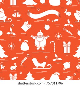 Winter seamless pattern with variety Christmas elements:  tree, balls, petard, scarf, Santa Claus, bell, gifts and other. Design for banner, flyer, poster or print.