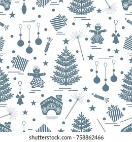 Winter seamless pattern with variety Christmas elements:  tree, balls, petard, sparkler, gingerbread man and house, bell, gifts, stars. Design for banner, flyer, poster or print.