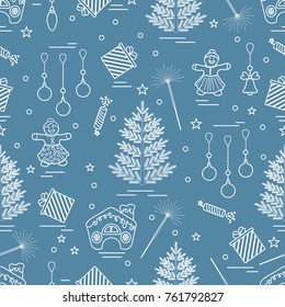 Winter seamless pattern with variety Christmas elements:  tree, balls, petard, sparkler, gingerbread man and house, bell, gifts, stars. Design for banner, flyer, poster or print.
