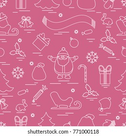 Winter seamless pattern with variety Christmas elements:  tree, balls, petard, scarf, Santa Claus, bell, gifts and other. Design for banner, flyer, poster or print.